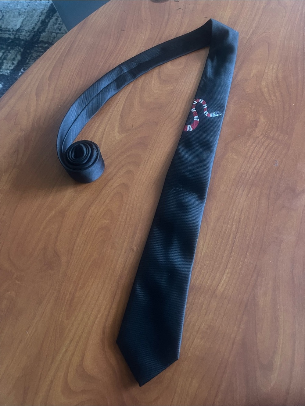 Gucci Black Silk Skinny Tie with Red & White Snake Motif